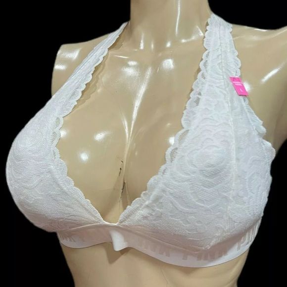 Victorias Secret Pink Lightly Lined Removable Padding Lace bralette bra Off Whit
